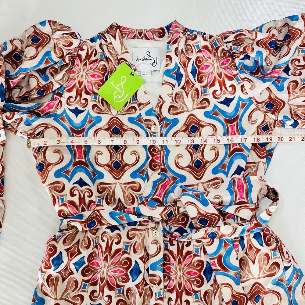 NWT Sam Edelman Women's Size 2 Long Sleeve Tie Waist Boho Mini Dress Multicolor - Picture 9 of 12